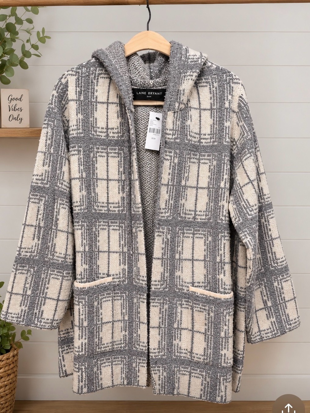 Lane Bryant Cream and Gray Plaid Hooded Coatigan.